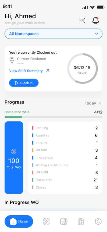 Technician App - Home Dashboard Overview